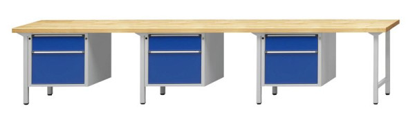 ANKE combinatie werkbank; 3 werkplekken; 4050x700 mm; RAL 7035/5010; 3x onderkast 660x615x600 mm, 2 laden 180, 360 mm