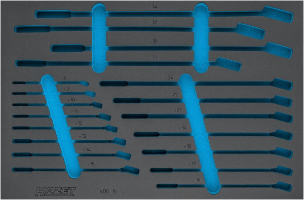 Hazet 2-componenten zacht schuim inleg, voor 163-210/19 Afmetingen / lengte: 519 mm x 342 mm Organisatiesysteem afmeting: 3/3 (519 x 342 mm), 163-210L