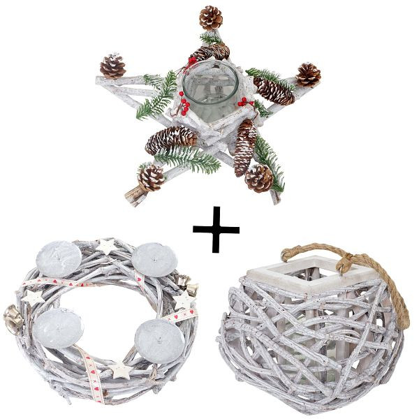 Mendler set van 3 adventskrans + lantaarn + arrangement, kerstversiering tafelkrans ster met glazen inzet, 51908 + 51911 + 51910