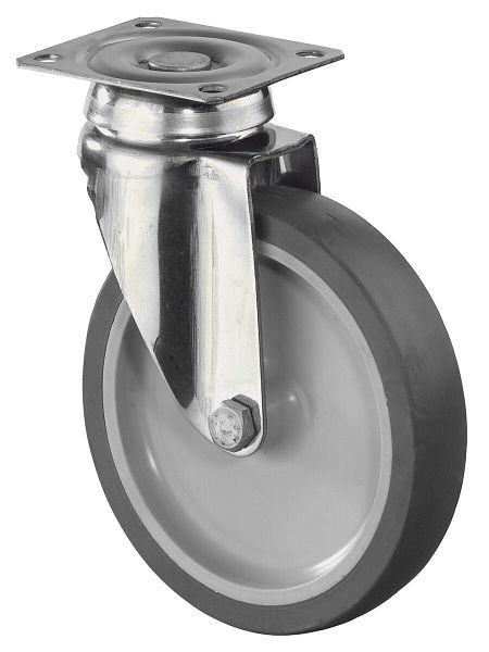 BS rollen RVS apparatenrol, breedte 28 mm, Ø125 mm, tot 70 kg, grijs rubberen loopvlak, kunststof wiellichaam, plaat, glijlager, G100.A80.126