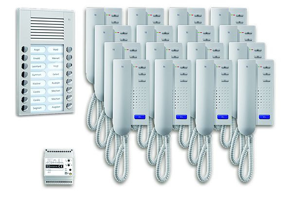 TCS deurbediening audio: pack AP voor 16 wooneenheden, met buitenpost PES 16 belknoppen, 16x deurtelefoon ISH3030, bedieningseenheid BVS20, PPA16-EN/02