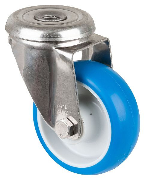 BS rollen RVS transportrol, breedte 28 mm, Ø80 mm, tot 70 kg, loopvlak polyurethaan blauw, wiellichaam kunststof, glijlager, H101.B32.080