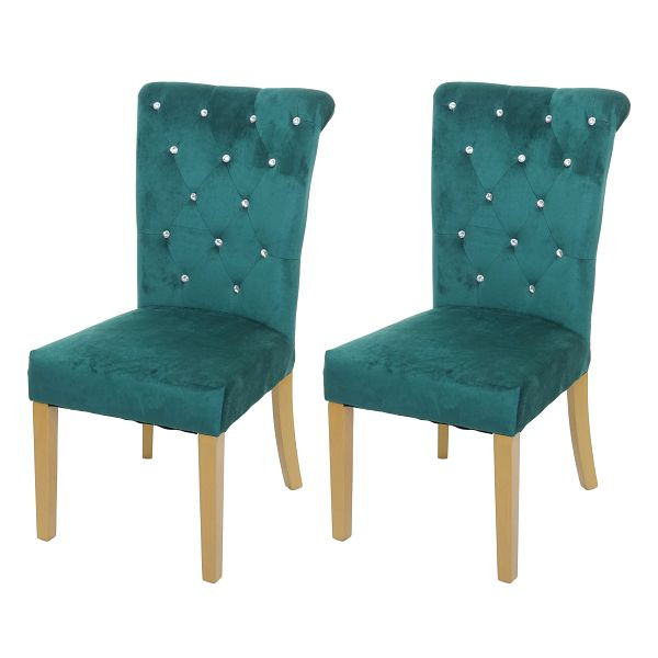 Mendler set van 2 eetkamerstoelen HWC-D22, stoel keukenstoel, studded velvet, donkergroen, goudkleurige poten, 74563