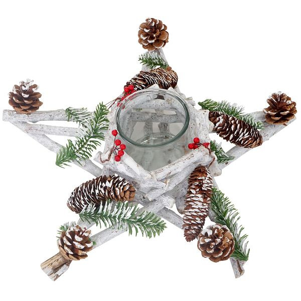 Mendler Adventskrans ster, kerstversiering tafeldecoratie, hout met kaars glas 40x40x12cm wit-grijs, 51910