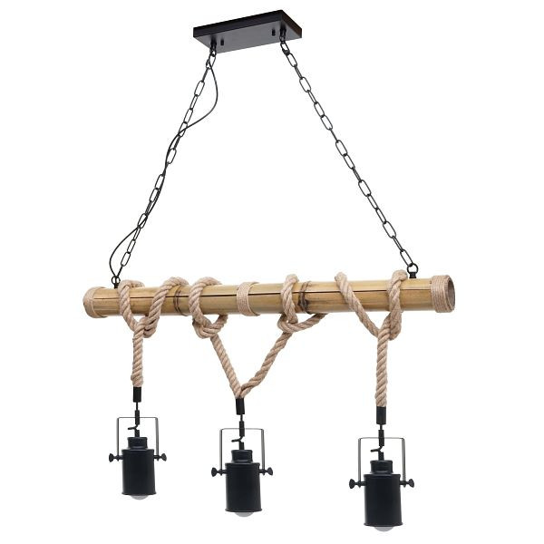 Mendler hanglamp HWC-H82, hanglamp hanglamp, industriële vintage bamboe touw metaal zwart, 3x spot lampenkap, 74204
