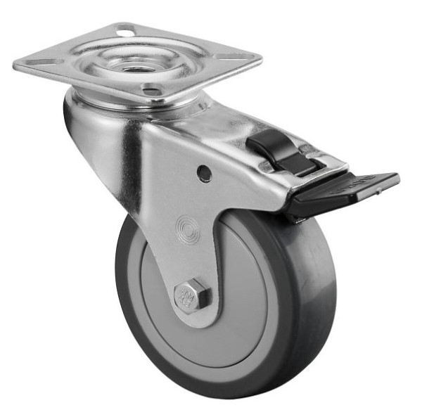BS rollen apparaatrol, plaat, rem, breedte 25 mm, Ø75 mm, 60 kg, grijs rubberen loopvlak, kogellager, VE 8 stuks, A320.A85.075