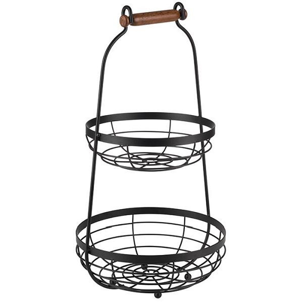 APS 2-laags etagère, Ø 26 cm, hoogte: 48 cm, metaal, zwart, houten handvat, onderkorf: Ø 26 cm, hoogte: 8 cm, 30335
