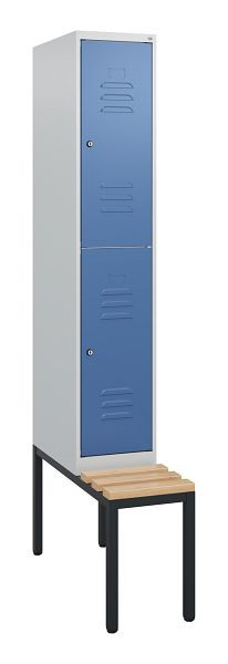 C+P dubbeldekkerkast Classic PLUS, 1950x300x815mm, 7035/5023, cilindersloten, beukenhouten zitlatten, met zitbank eronder, 0803505-10 S10035