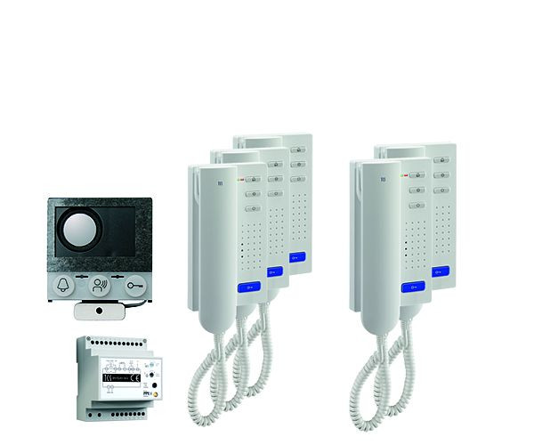TCS audio:pack installatie voor 5 woonunits, met ingebouwde luidspreker ASI12000 + 5x deurtelefoon ISH3030 + control unit BVS20, PAIH050/004