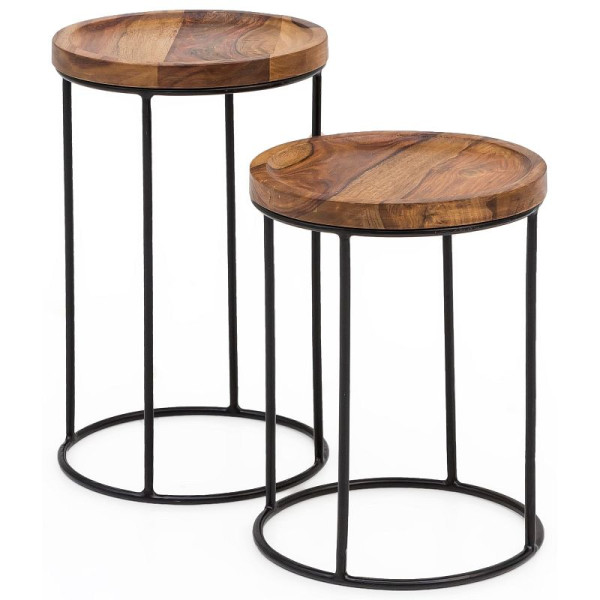 Wohnling Design Sheesham metalen bijzettafel set van 2 klein, WL5.661