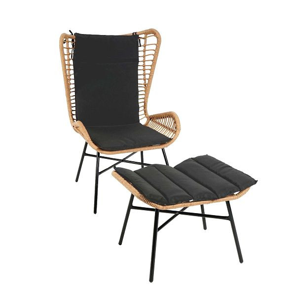 Mendler poly rotan set HWC-G17b, balkonset, tuinset, zitgroep, stoel + kruk, fauteuil, touw, natuurlijke kleur, kussens antraciet, 76316