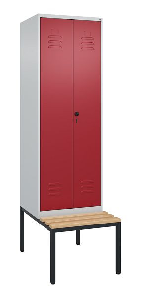 C+P luierkastje Classic PLUS, 2 vakken, 2120x600x815mm, 7035/3003, draaigrendel, met onderbank, beukenhouten zitlat, 0800527-20P S10001