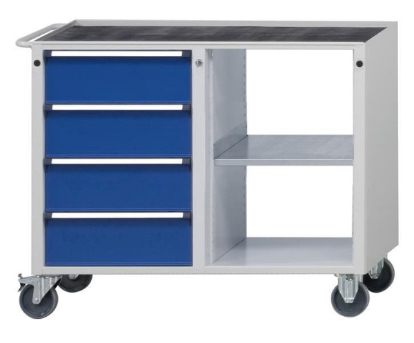ANKE werkplaatswagen; 1090x615x930 mm; RAL 7035/5010; Kuip met antislipmat; 2-delige behuizing; Links 4 laden 180 mm; Rechter 1x plank, 460.200