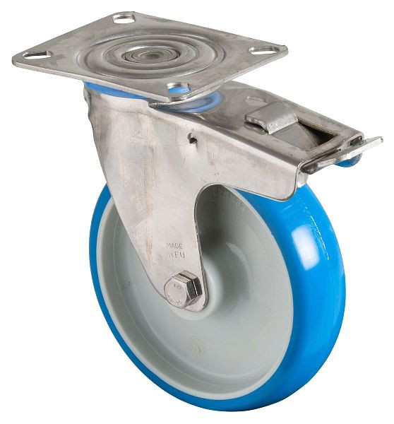 BS rollen RVS transportrol met rem, B39 mm, Ø125 mm, tot 130 kg, blauw polyurethaan, kunststof behuizing, glijlager, plaat, H120.B32.125