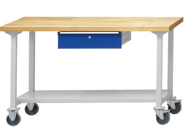 ANKE werktafel; mobiel; 1500x700 mm; RAL 7035/5010; 1xHängeschublade; 1x opbergvak van 500 mm diep plaatstaal