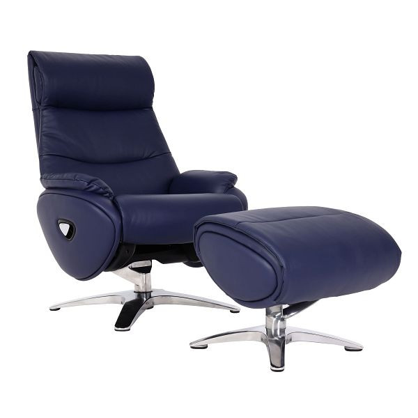 Mendler relaxfauteuil met kruk HWC-K98, tv-fauteuil fauteuil, ligfunctie draaibaar, metaal echt leer/kunstleer, blauw, 98339