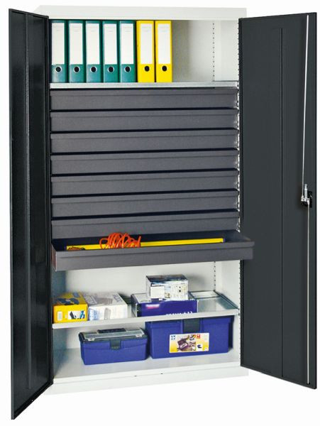 stumpff gereedschaps- en materiaalkast serie 3000, 7035/7016, 8 laden 100 mm, 2 doorlopende legborden, 3008171