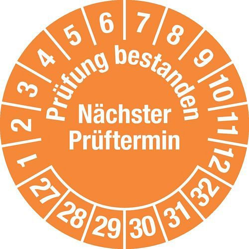 DENIOS teststicker "Examen geslaagd/volgende datum", 27 - 32, groen, folie, SK, 30 mm, verpakking: 5 vellen à 15 stuks, 290192