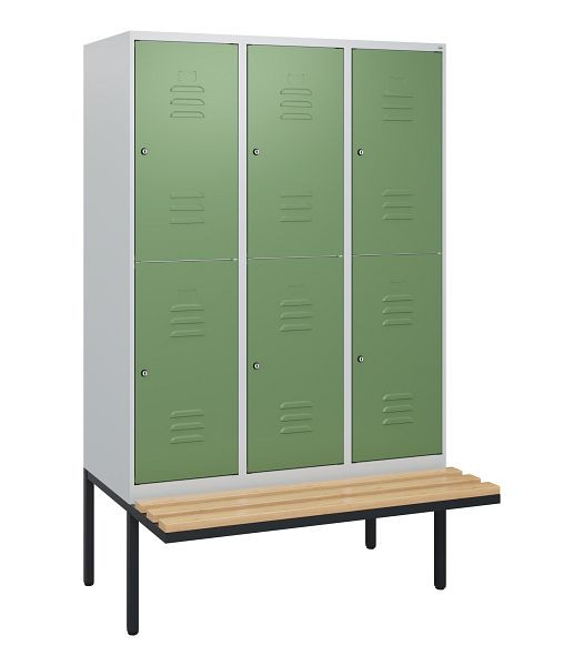 C+P dubbeldekskast Classic PLUS, 3 compartimenten, 1950x1200x815mm, 7035/6011, cilindersloten, beukenhouten zitlatten, zitting, 0803405-32 S10036