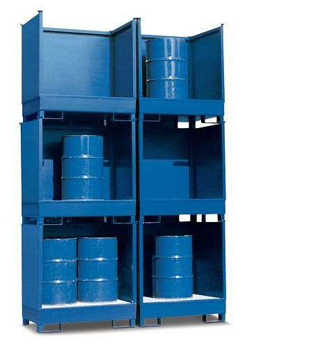 DENIOS station voor gevaarlijke goederen 2 P2-O van staal, geverfd, voor 2 vaten van 200 liter, 3 wanden, stapelbaar, 114-612