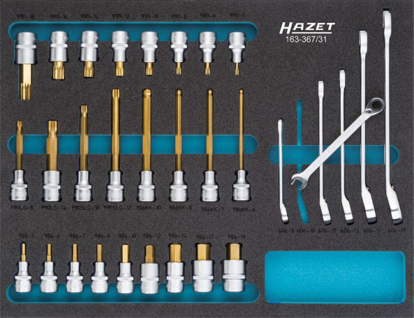 Hazet dopsleutelset, hol vierkant 12,5 mm, uitwendig dubbel zeskant trekprofiel, inwendig zeskantprofiel, inwendig meertands profiel XZN, 163-367/31