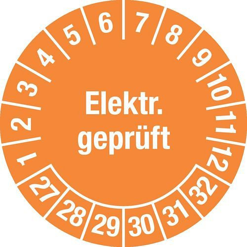 DENIOS teststicker "Elektrisch getest", 27 - 32, oranje, folie, zelfklevend, 30 mm, verpakking: 5 vellen à 15 stuks, 290216