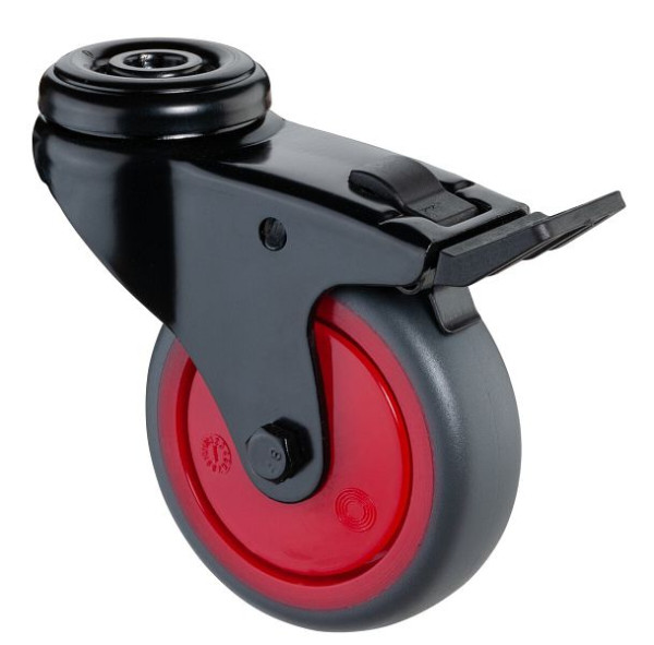 BS Castors Zwenkwiel met zwarte rem, grijs thermoplastisch rubberen wiel, kogellager, achtergat, diameter: 75 mm, VE = 4 stuks, A821.A85.075.03
