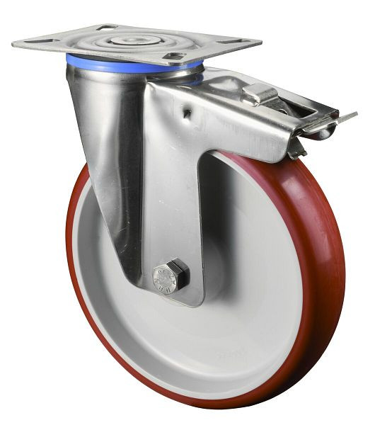 BS rollen RVS transportrol met rem, B45 mm, Ø200 mm, tot 200 kg, rood polyurethaan, kunststof behuizing, glijlager, plaat, H120.B26.200