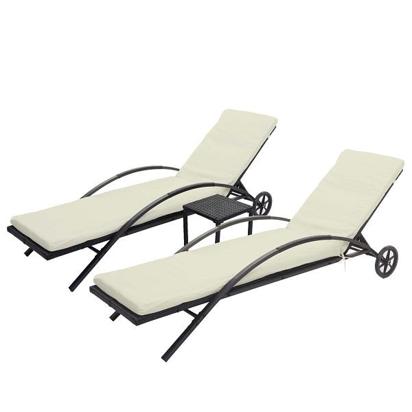 Mendler HWC-E27 ligstoel set van 2, relaxligstoel, tuinligstoel, polyrotan, zwart, crème-beige kussens, 76137