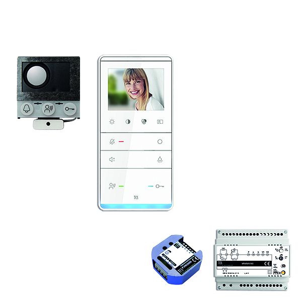 TCS video inbouw mailbox, 1 woonunit, ingebouwde luidspreker ASI12000 + 1x handsfree speaker IVW5111, besturingsapparaat + video tweedraads zender, PVIF010/001