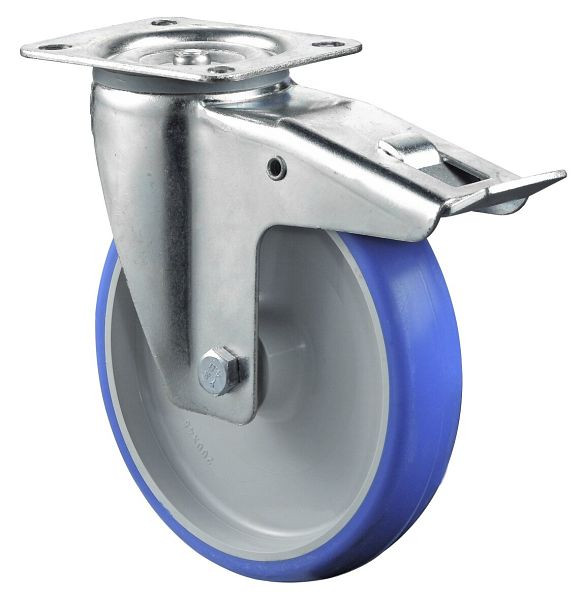 BS rollen transportrol met rem, breedte 45 mm, Ø200 mm, tot 300 kg, blauw polyurethaan, kunststof behuizing, rollager, plaat, L420.B36.200