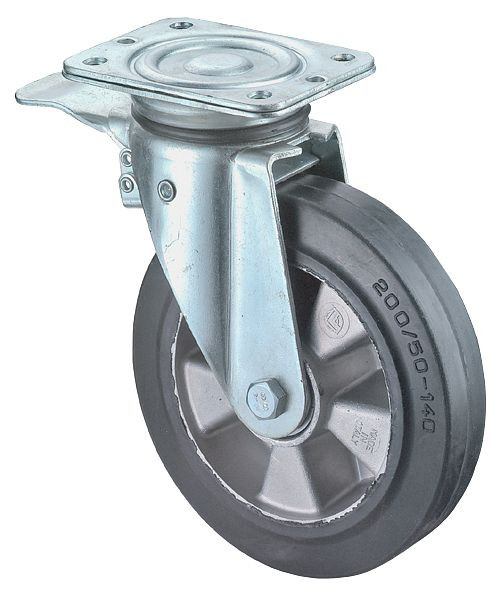 BS Wielen Zwaarlastwiel met rem, breedte 50 mm, Ø125 mm, tot 220 kg, zwarte elastische banden, aluminium wiellichaam, kogellagers, N120.B80.125