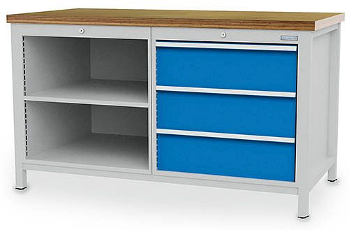 Bedrunka + Hirth box werkbank breedte 1500 mm, R24-24, 3 x lade, 2 x plank afmetingen in mm (BxDxH): 1500 x 750 x 959, 03.15.03V9A