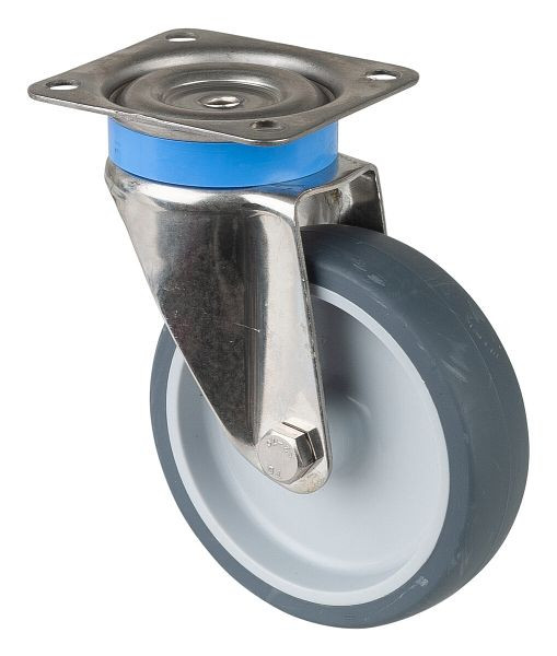 BS rollen RVS apparaatrol, breedte 28 mm, Ø100 mm, tot 60 kg, grijs rubberen loopvlak, plaat, glijlager, VE 2 stuks, G100.A80.100