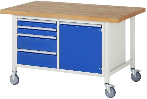 RAU verrijdbare werkbank 8000 - model 8470, B1500xD900xH880mm, dubbele bodemcontainer, links: laden: 2xH90, 2xH180mm, rechts: draaideur, 05-8470A2-159B4S.11