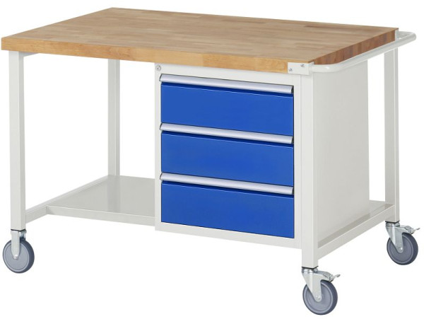 RAU verrijdbare werkbank 8000 - model 8157, B1250 x D900 x H880-1080 mm, systeemonderstel B1245 x D850 mm, 3 laden, 05-8157A6-129B4H.11