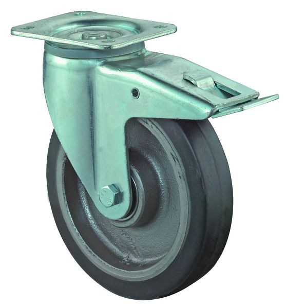 BS Rolls Zwaarlastwiel met rem, breedte 50 mm, Ø200 mm, tot 450 kg, zwarte elastische banden, gegoten velg, kogellagers, L620.B81.200
