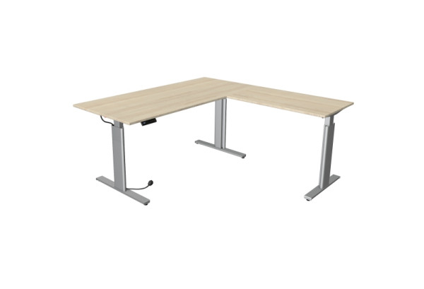 Kerkmann Move 3 zit-statafel zilver B 2000 x D 1000 mm met aanbouwelement 1000 x 600 mm, esdoorn, 10234250