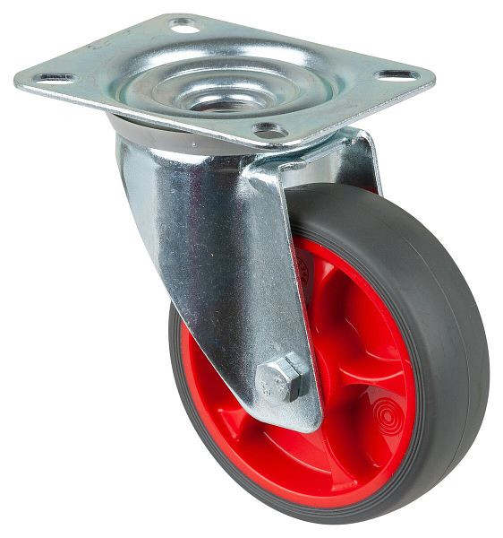 BS rollen transportwiel zwenkwiel, thermoplastisch rubberen wiel, grijze band, rollager, plaat, diameter: 100 mm, verpakking: 4 stuks, L400.B44.101.03