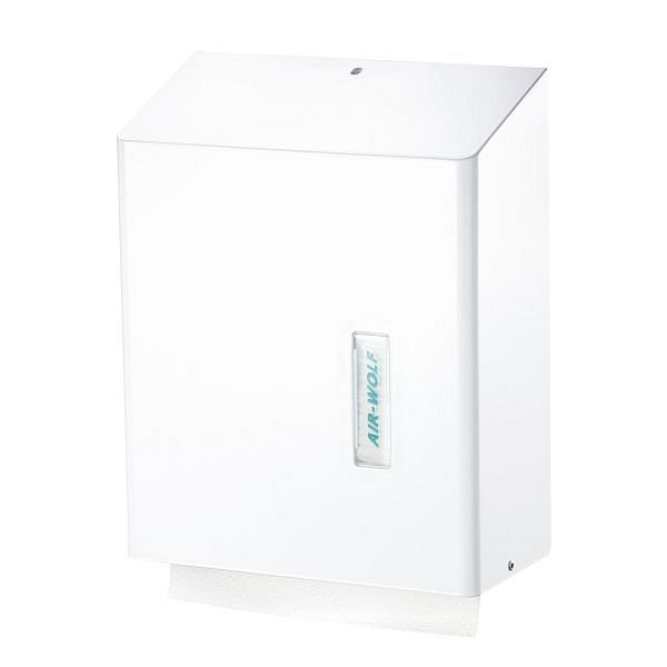 Air Wolf papieren handdoekdispenser voor ca. 500 papieren handdoeken, Omega-serie, H x B x D: 350 x 278 x 133 mm, wit roestvrij staal, 29-421