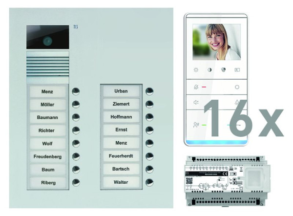 TCS deurbediening video: pack UP voor 16 wooneenheden, met voordeurstation AVU 16 belknoppen, 16x video handsfree luidspreker IVW5111, bedieningseenheid, PVU17160-0010