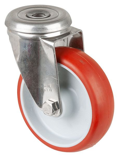 BS rollen RVS transportrol, breedte 30 mm, Ø100 mm, tot 130 kg, loopvlak polyurethaan rood, wiellichaam kunststof, glijlager, H101.B26.100