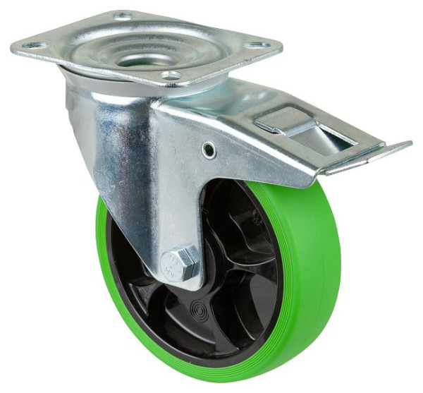 BS rollen transportwiel zwenkwiel met rem, thermoplastisch rubberen wiel, groene band, rollager, plaat, 160 mm, VE = 2 stuks, L420.B44.161.04