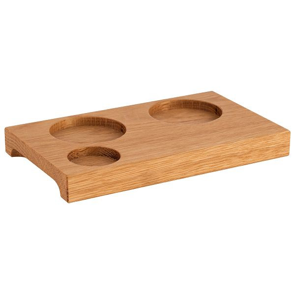 APS serveerplank, 15 x 9 x 1,5 cm, eikenhout, geolied, met 2 uitsparingen Ø 4,5 cm, met één uitsparing Ø 3 cm, met 2 verzonken handgrepen, 00835