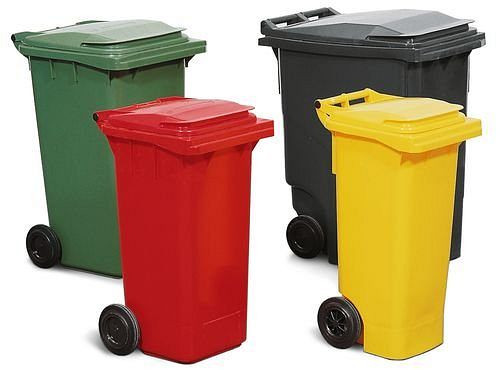 DENIOS Fahrbare Großmülltonne aus Kunststoff, 360 Liter Volumen, gelb, 116209