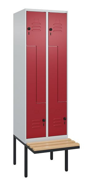 C+P Z-Spind Classic PLUS, Bank, 4 Abteile, 2120x600x815mm, 7035/3003, Drehriegel, Buche-Sitzleisten, 0800437-204 S10001