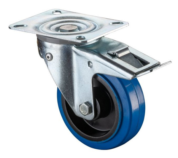 BS Castors Zwenkwiel met rem, blauwe elastische banden, kunststof velgrollager, VE = 2 stuks, L320.B61.100