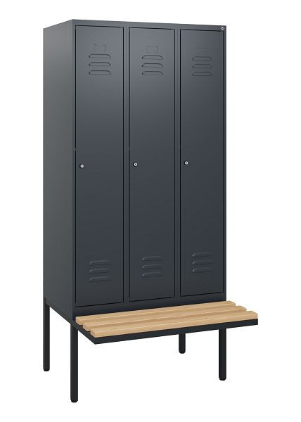 C+P Umkleidespind Classic PLUS, 3 Abteile, 1950x900x815mm, 7016/7016, Zylinderschlösser, Buche-Sitzleisten, 0800405-30 S10027