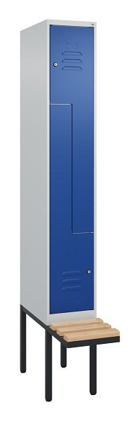C+P Z-Spind Classic PLUS, Bank, 2 Abteile, 2120x300x815mm, 7035/5010, Zylinderschlösser, Buche-Sitzleisten, 0800437-102 S10018