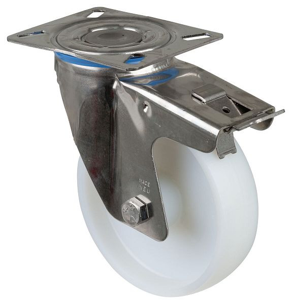 BS rollen RVS transportrol met rem, breedte 40 mm, Ø150 mm, tot 300 kg, loopvlak/wiellichaam kunststof, glijlager, plaat, H120.A90.150